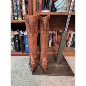 Vintage Doll House Women's 8 Brown Embellished Knee High Leather Western Boots
